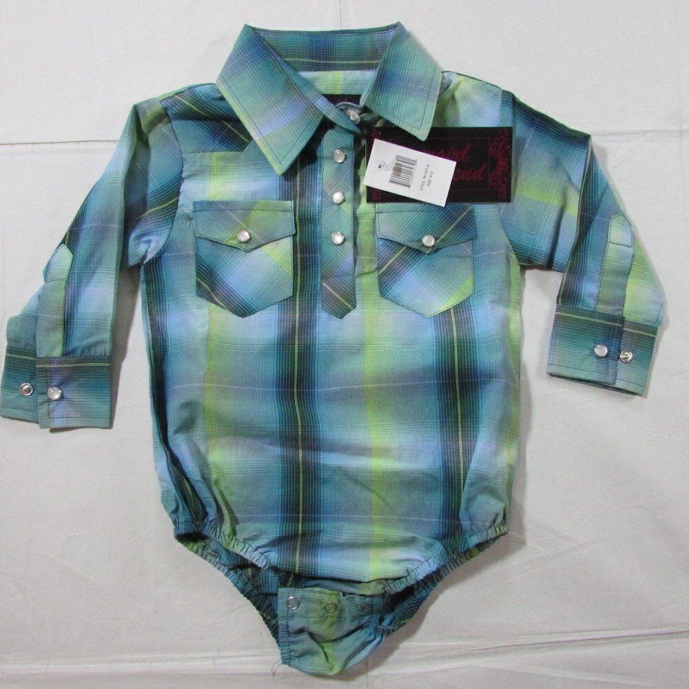 Cowgirl Legend Baby Girl's 12M Long Sleeve Plaid Snap Bodysuit - Blue/Green